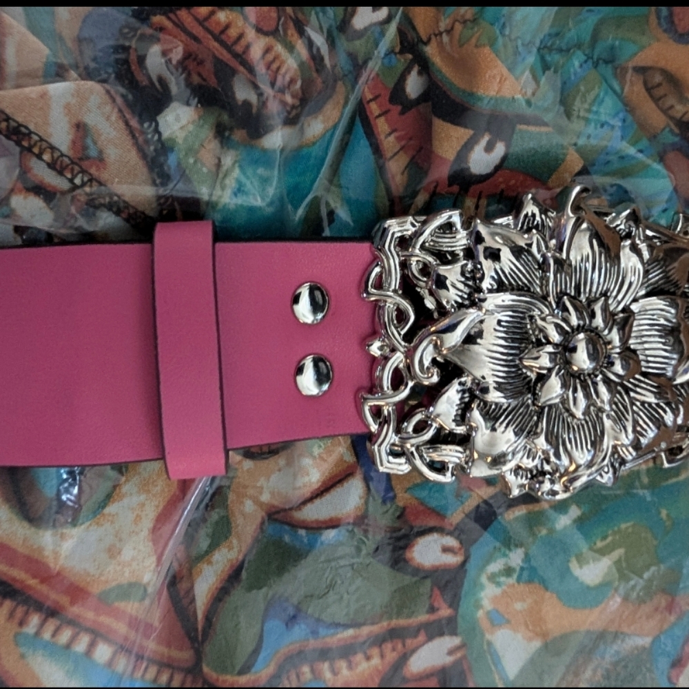 Western Belt Boho Barbie Pink Silvery Belt Buckle Floral Bohemian Style Belts - Picture 9 of 10